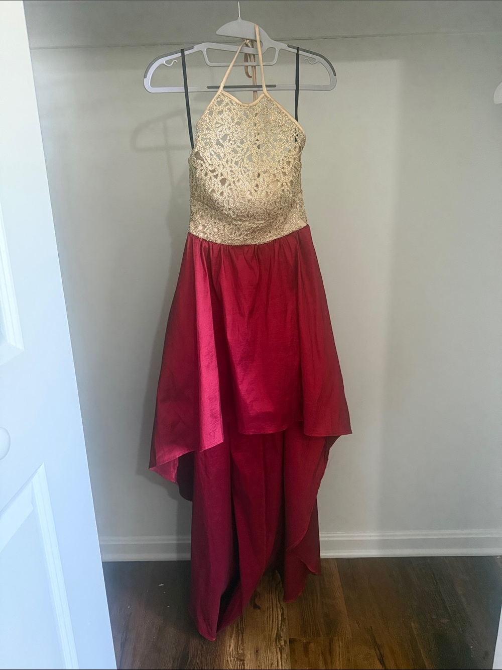 Girls Gold Lace Halter Top with Burgundy High-Low Skirt Dress
